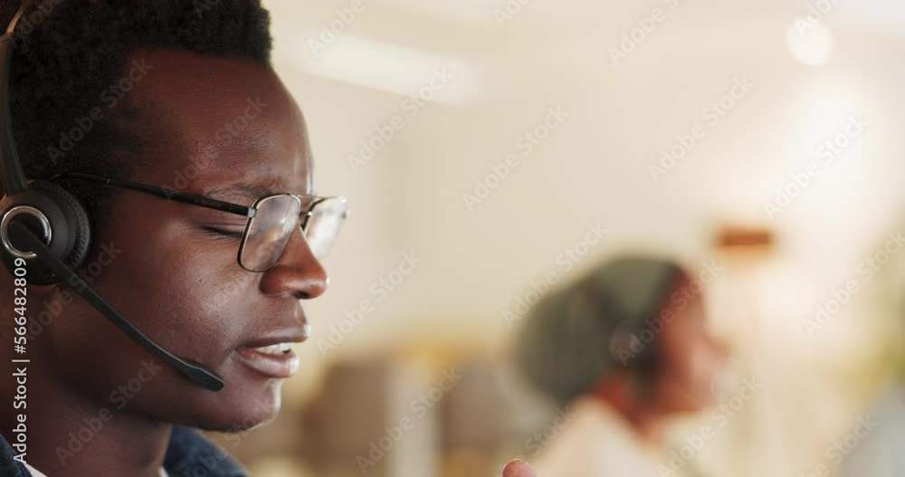 Poster telemarketing black man face and consulting online for customer advisory, call center and crm. sales