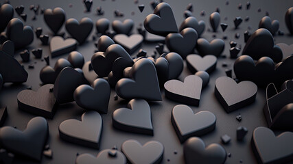 Obraz premium Heap from many small black 3D hearts. Valentine day design concept. Love background. Generative Ai