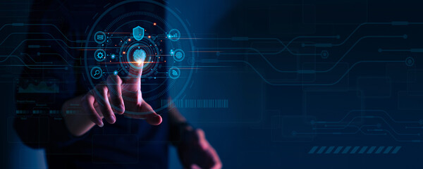Businessman using fingerprint identification to access personal data, Biometrics security and...