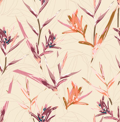 Tropical Bird Of Paradise Flower illustration Vector Seamless Pattern Print On Beige Background Wallpaper