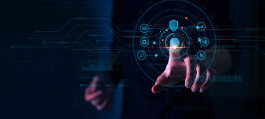 Businessman using fingerprint identification to access personal data, Biometrics security and innovation technology against digital cyber crime