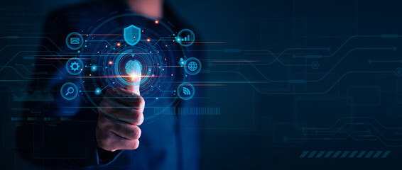 Businessman using fingerprint identification to access personal data, Biometrics security and innovation technology against digital cyber crime