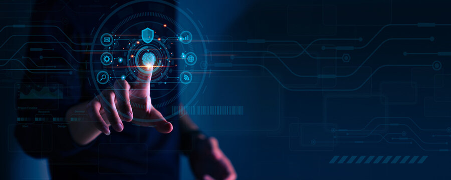 Businessman using fingerprint identification to access personal data, Biometrics security and innovation technology against digital cyber crime