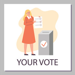 Voting and election poster with woman exercising human rights, flat vector.