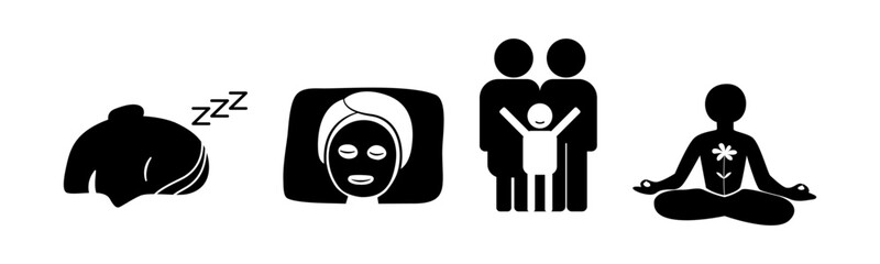 set of silhouette of a person meditating, a happy family with a woman in spa and healthy sleep human face, wellness concept.