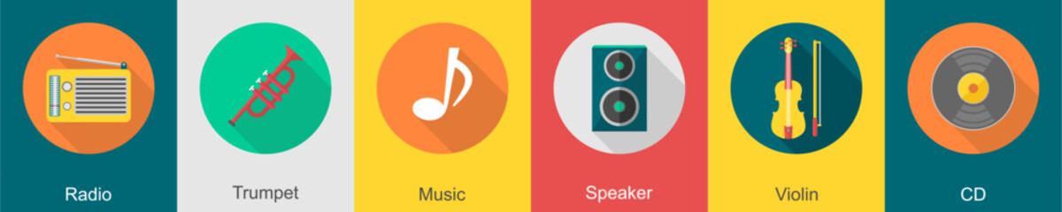 A set of 6 music icons as radio, trumpet, music