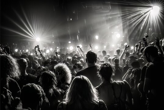 Black and white photography of a crowd people at a concert. Generated by AI.