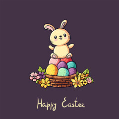 Easter card - cute cartoon bunny, in basket with colored eggs, flowers. Vector childish design in vintage retro style with kawaii rabbit, hare animal