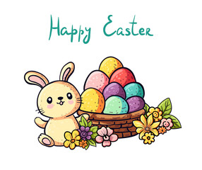 Cartoon Easter bunny, colored eggs in basket, flowers, text 