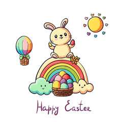 Easter card - cute cartoon bunny, rainbow, eggs, flowers, sun. Easter design elements. Vector childish for holiday card in vintage retro style