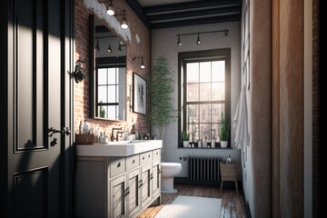 Bath Room Interior Design Industrial Elegance Series: White brick walls, raw wood surfaces and exposed ductwork, with a touch of black metal detailing. Generative AI
