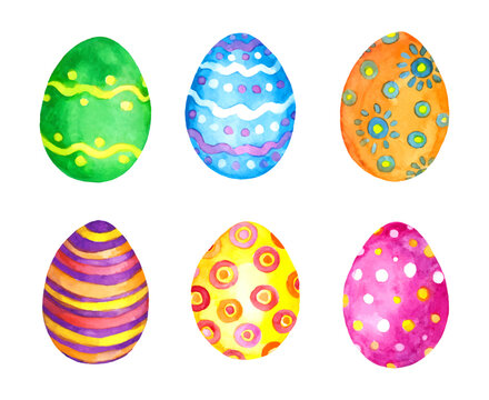 Watercolor vector set of Easter eggs design elements. Colored, decorated in bright color holiday egg with stripes, spots, decorative flowers. Water paint bundle collection 