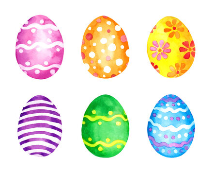 Watercolor Easter eggs set, colored and ornate by decorative flowers, dots, stripes in colorful colors. Vector water paint hand drawn egg bundle collection