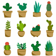 Collection of cacti. Vector hand drawn green succulent cacti. Lovely cacti.