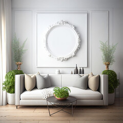Living room interior with white sofa, round mirror and plant. AI generative