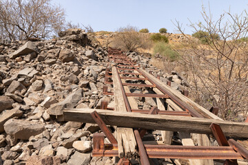 Remains of a technical railway used by reenactors to excavate the ruins of the Gamla city, Golan Heights, northern Israel