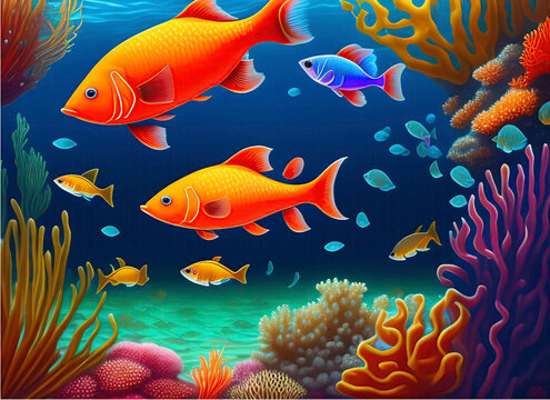 "Bring a Pop of Color to Your Designs with this Adobe Stock Photo! This image is the perfect addition to any project, featuring a cartoon-style ocean floor view with colorful swimming fish background 