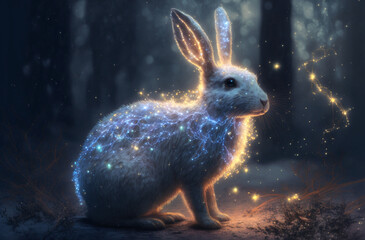 Magic festive rabbit covered in glowing lights in a winter scene and blur background. Generative AI.