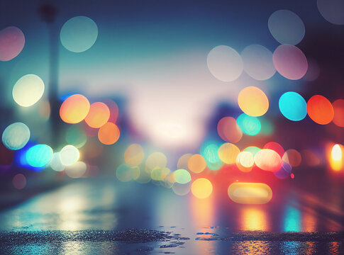 Blur Bokeh Night City Street Colorful. After Rain Wet Asphalt Road Light Color Reflection For Background