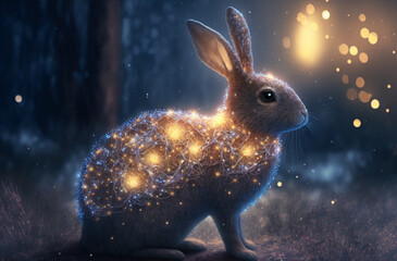 Magic festive rabbit covered in glowing lights in a winter scene and blur background. Generative AI.