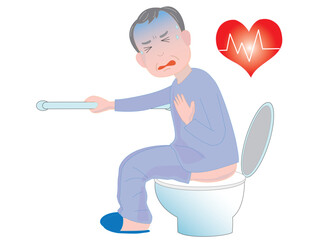 トイレ使用中に心臓発作に苦しむ高齢者。