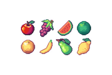 Pixel Art Fruit Icons Illustrations created in 32x32 resolution containing apple, grape, watermelon, lemon, banana, pear, orange and lime.