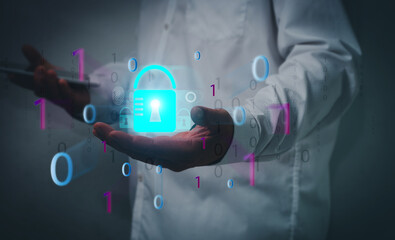 Cyber Security Internet and ​​Networking Concepts. businessman hand touch on screen icon and...