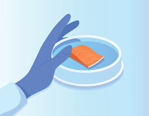 Hand holding raw fish. Meat in laboratory, scientific and research and experiment. nutritionist in glove. Healthy fats and vitamins. DNA and molecules, chemistry. Cartoon flat vector illustration