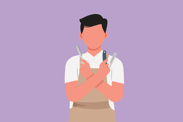 Cartoon flat style drawing empty place of virile harsh barber having his arms crossed, holding equipment in hand. Professional barber. Hairstylist gentleman concept. Graphic design vector illustration