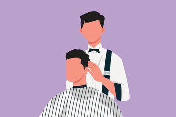 Character flat drawing of attractive classy dressed barber shop hairdresser is turning client`s head to present his work for him. Hairdo looks trendy and so perfect. Cartoon design vector illustration