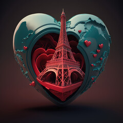 eiffel tower in a blue heart shape. Concepts of love and valentine day, generative ai