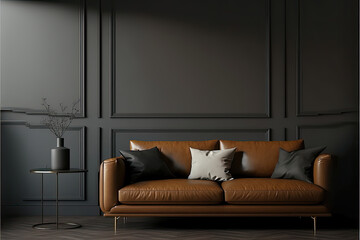 Office interior mock-up with brown leather sofa, cushions with a dark brown wall behind, generative ai