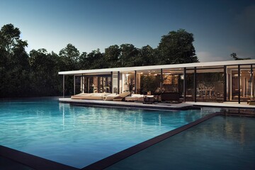 Fototapeta premium Beautiful tropical beach front hotel resort with swimming pool, paradise destination for vacations. Generative AI illustration.