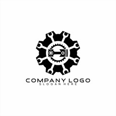 Mechanic logo design with gear wheel, wrench and piston.