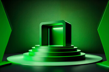 abstract geometric forms, green neon light, round podium for your design. Generative AI