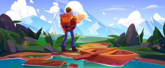 Obraz premium Male tourist hiking in mountains with map. Vector cartoon illustration of traveler man with backpack searching way, admiring rocky landscape covered with snow, standing near river with wooden boat