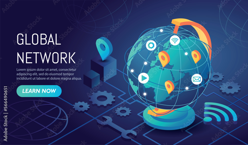 Poster global network dark. modern technologies and digital world. communication and interaction on interne