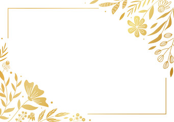 Gold flower frame. Poster or banner for website, luxury and wealth. Aesthetics and elegance. Place for text and presentation. Template, layout and mock up. Cartoon flat vector illustration
