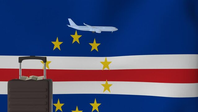 Animation Travel to  Cabo Verde. Suitcase and airline with national flag waving in the background. 