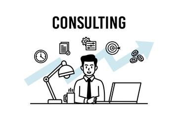 Successful business people illustration. Confident businessman drawing of company success, challenge for advancement or growth, ambition or motivation for improvement concept. Business cartoon charact