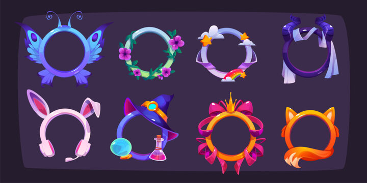 Game avatar frames with fantasy borders with animal ears, tails and wings, bunny and fox, devil horns and butterfly, witch hat, royal crown, flowers and moon, vector cartoon set