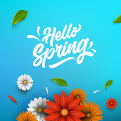 Fototapeta na wymiar Hello Spring Background, Spring Background Design with Vector Flowers and Leaves