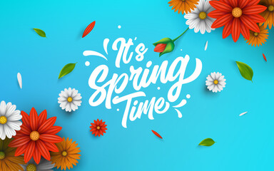 It's Spring Time Background, Spring Time Background Design with Vector Flowers and Leaves
