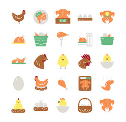 Set of chickens color icon. Collection of graphic elements for site. Chicken mint, natural and organic products. Farming and agriculture. Cartoon flat vector illustrations isolated on white background