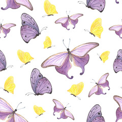 seamless pattern yellow and purple butterfly isolated on white. Watercolor hand drawn insect llustration for design