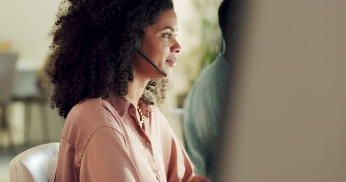 Call center, black woman and communication on computer at night for business advisory, telemarketing and help. Female consultant, online technology and sales office for client support, help or advice