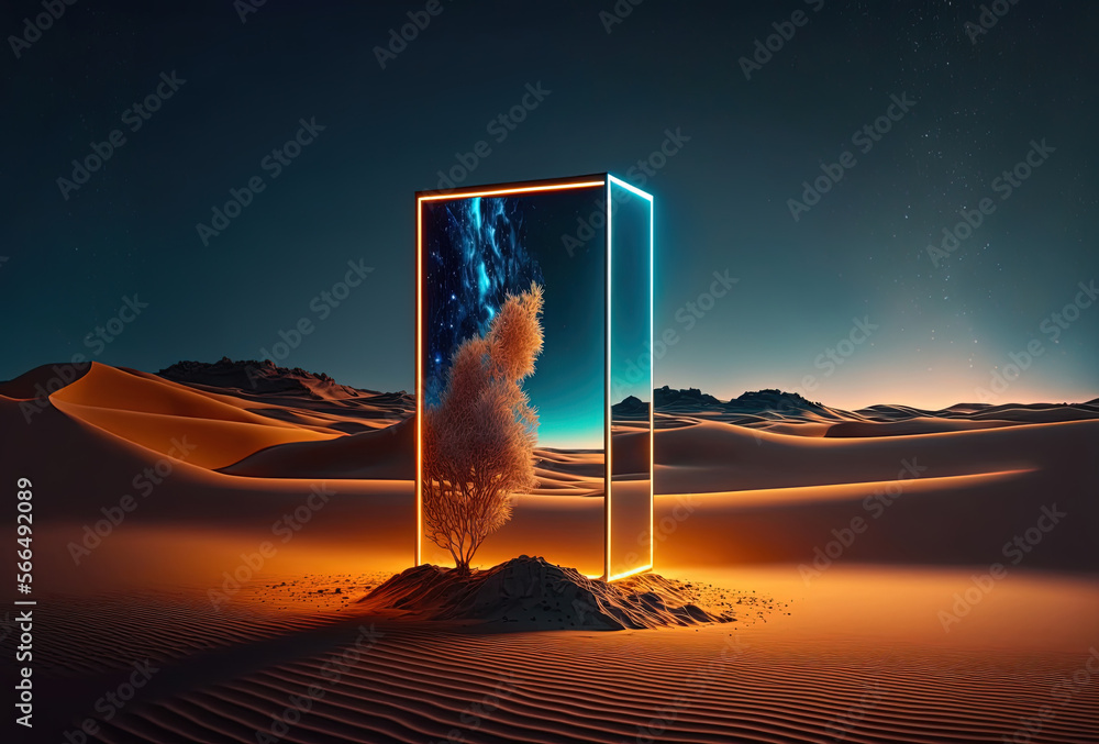 Poster a surreal night desert landscape. abstract sand dunes reflected in a square mirror. yellow neon ligh