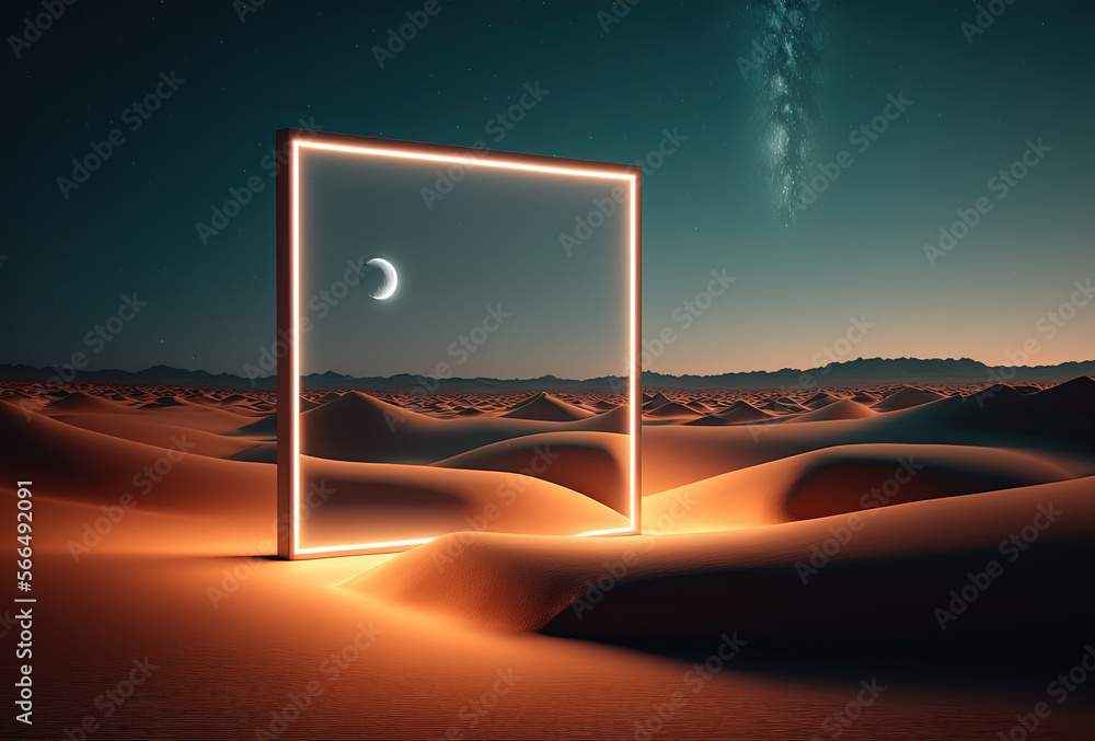 Poster a surreal night desert landscape. abstract sand dunes reflected in a square mirror. yellow neon ligh