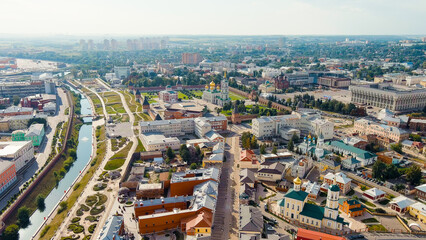 Fototapeta na wymiar Tula, Russia. Tula Kremlin. Pedestrian street Metallistov. General panorama of the city from the air, Aerial View