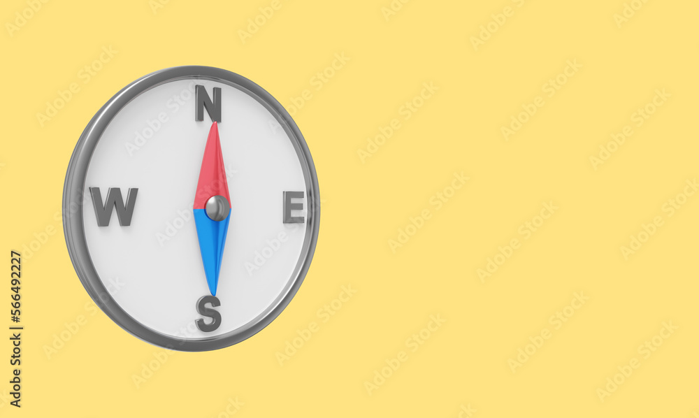Poster simple compass, navigation, direction finding. 3d rendering. icon on yellow background, space for te